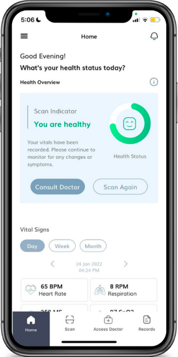 Nervotec app displaying health status overview and vital signs tracking